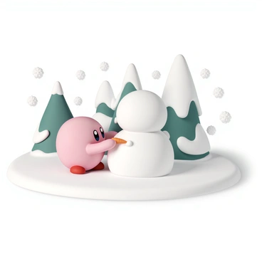A round pink character, Kirby, is standing in a snowy forest. He is shaping a snowman made of three large snowballs stacked on top of each other. Kirby is using his small hands to place a carrot for the snowman's nose. Pine trees covered in snow surround the scene, and delicate snowflakes are gently falling from the sky. The ground is blanketed with a thick layer of fresh, white snow, creating a bright and cheerful atmosphere.