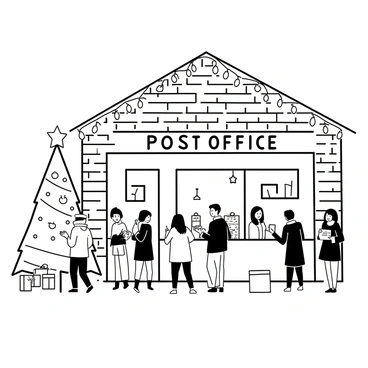 A post office building with a brick exterior is bustling with activity. Outside, festive lights are strung along the eaves and windows, creating a lively atmosphere. In front of the building, there is a large Christmas tree adorned with ornaments and a star on top. People are lined up outside, each carrying packages and letters, eagerly waiting to enter. Some are wearing winter coats and scarves, while others are holding mugs of hot beverages. Inside the post office, workers are busy at the counter, surrounded by stacks of mail and holiday decorations.