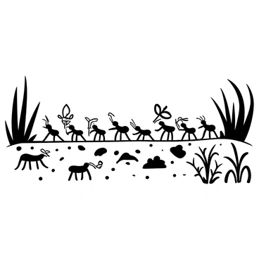A line of leaf-cutter ants marching across the forest floor, each ant carrying a piece of leaf that is proportionate to its size. The ground is covered with a mix of dirt and small pebbles, with pieces of foliage scattered around. Tall grass and small plants frame the scene, creating a natural pathway for the ants. The ants are meticulously organized, showcasing their teamwork as they navigate through the underbrush. Some ants are seen in mid-step, while others are focused on their load, emphasizing the dynamic movement of the procession.
