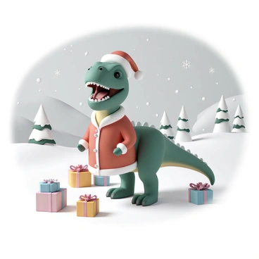 A large T-Rex, wearing a classic red Santa Claus hat and a red coat with white fur trim, is standing in a snowy landscape. The dinosaur has a cheerful expression, with its mouth slightly open as if roaring joyfully. Surrounding the T-Rex are several colorful wrapped gifts in various sizes, some with shiny bows. The ground is blanketed in white snow, and snowflakes are gently falling from the gray sky, creating a festive atmosphere. In the background, there are snow-covered trees and rolling hills, enhancing the winter scene.