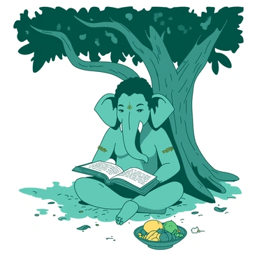 A teal Ganesha is sitting cross-legged under a sprawling banyan tree with wide, leafy branches. He is holding an ancient scripture in his hands, studying it intently. The scripture has intricate gold lettering on its pages, and the ground is covered with dry leaves and soft grass. Sunlight filters through the branches, casting dappled shadows around him. Small offerings of fruits and flowers are placed neatly at the base of the banyan tree, adding vibrant colors to the serene setting.