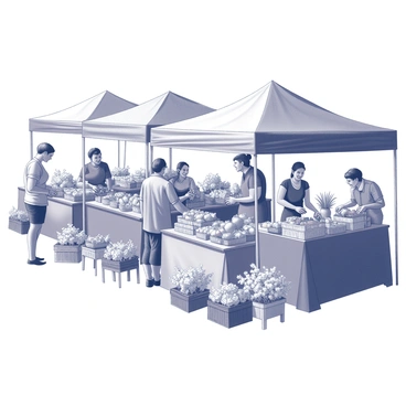 A farmers' market filled with activity and energy. There are several vendors displaying an array of fresh produce, including fruits and vegetables neatly arranged in baskets and crates. Some tables are adorned with vibrant flowers in assorted arrangements, creating a lively atmosphere. Each vendor is engaged with customers, exchanging goods and smiling. Colorful tents provide shade and structure, creating a dynamic layout throughout the market. The scene captures the essence of community interaction and the abundance of fresh goods available.