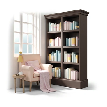A cozy library with wooden shelves filled with numerous books of various sizes and colors. The shelves are made of dark-stained wood, enhancing the rustic feel of the space. There is a comfortable reading nook by a large window, featuring a plush armchair with a soft, patterned throw blanket draped over it. A small side table holds a steaming cup of tea and a pair of reading glasses. Sunlight filters through the window, casting warm light across the nook and highlighting the rich textures of the room.