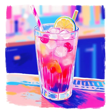 A refreshing red cocktail is served in a tall, clear glass filled with ice. The drink has a vibrant red hue, indicating the use of berries and citrus. On the rim of the glass, there is a slice of lime, adding a pop of green to the presentation. A small, colorful cocktail straw is placed inside the drink. The glass is positioned on a wooden bar top with a soft, blurred background suggesting a lively bar atmosphere.