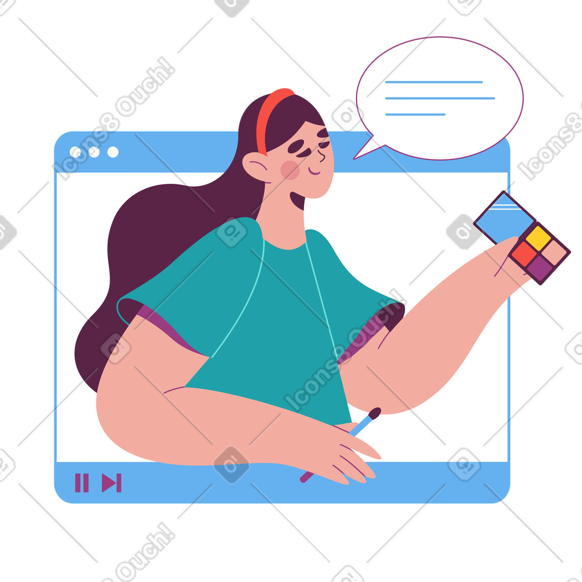 Makeup vlogger speaking with palette, guide and influencer marketing illustration in Sammy style download in PNG, SVG