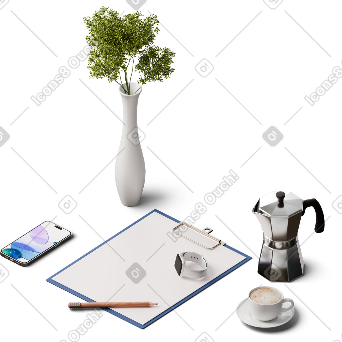 Ilustración Vista isométrica del portapapeles, teléfono inteligente, reloj inteligente y moka pot en estilo 3D Hygge a descargar en PNG SVG