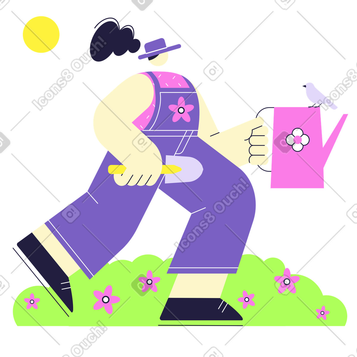Ilustración Jardinero trabajando con pala y regadera en estilo Mellow a descargar en PNG SVG