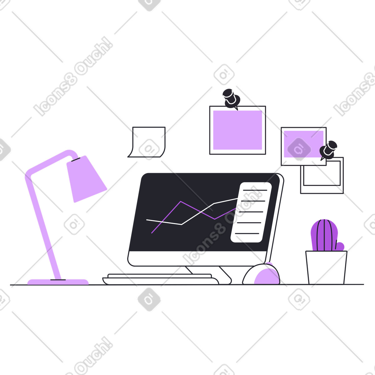 Posto di lavoro in ufficio con lampada monitor e cactus illustrazione stile Grapy scarica PNG, SVG