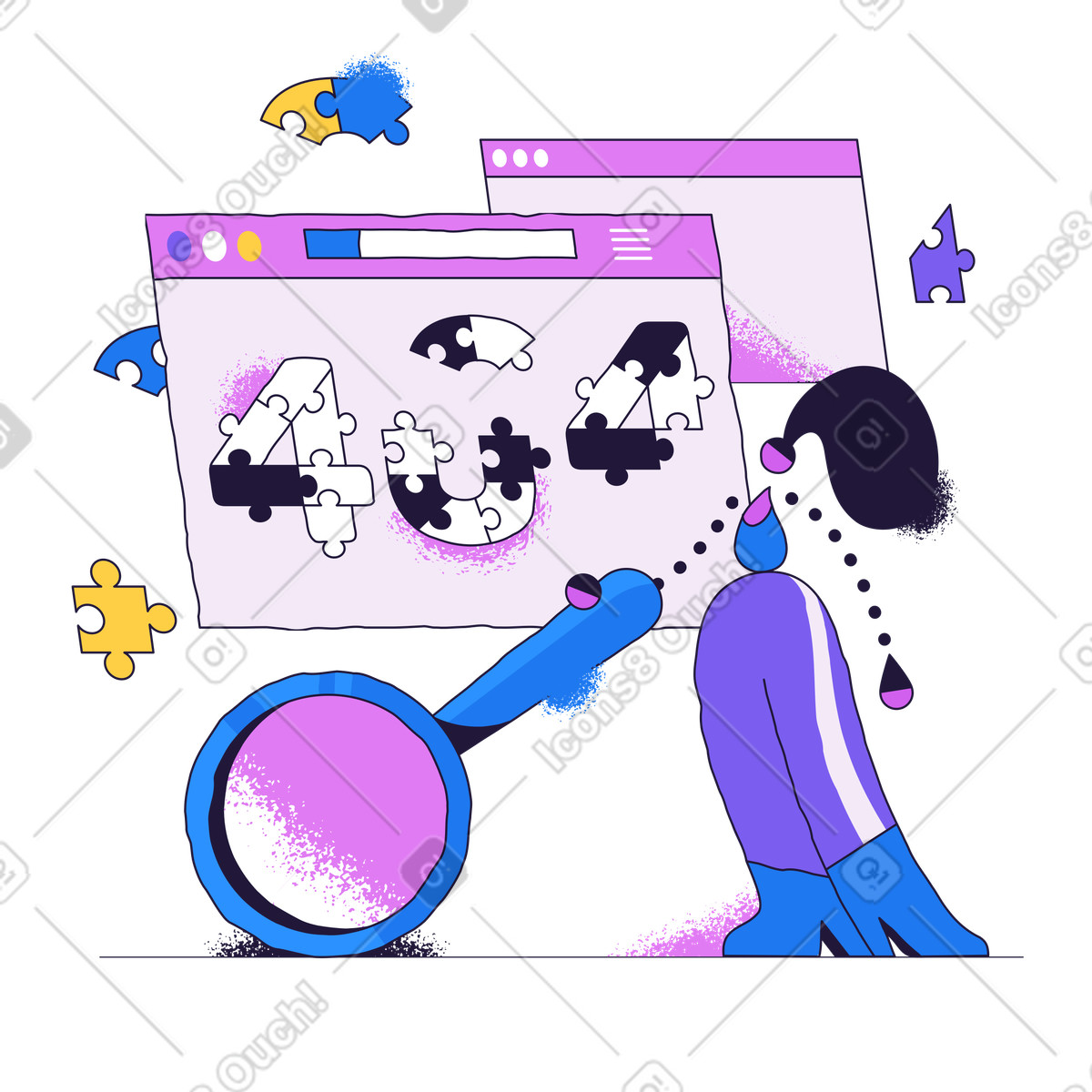 Conifer 스타일의 404 페이지를 찾을 수 없음 표시를 보고 있는 여성 일러스트레이션 PNG, SVG 다운로드