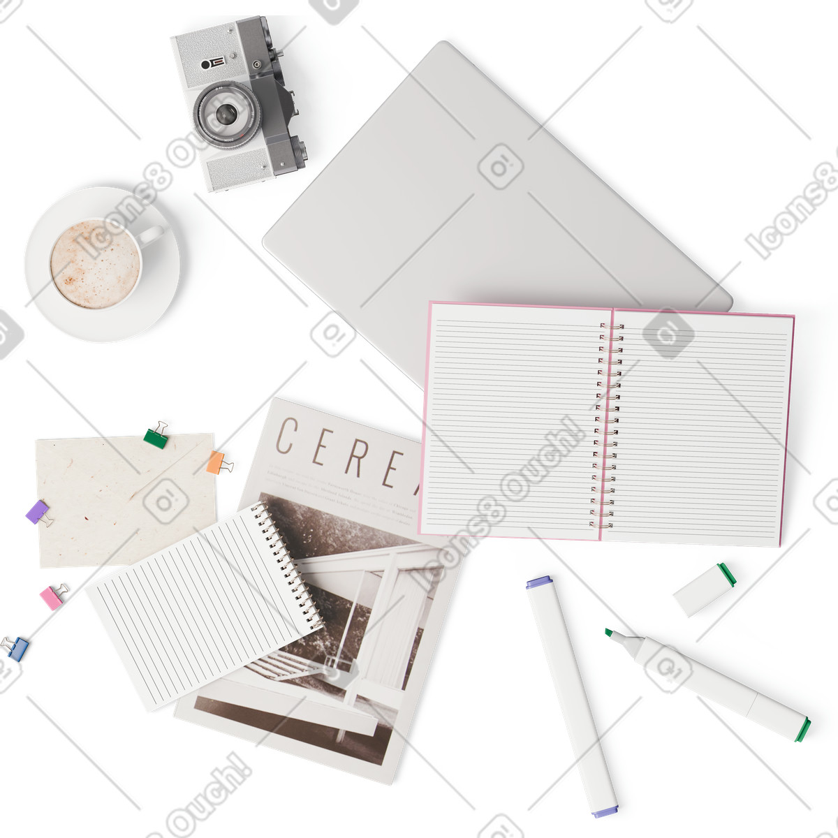 Top view of closed laptop, magazine, notebooks and markers illustration in 3D Hygge style download in PNG, SVG