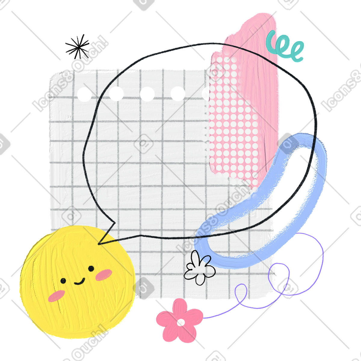 Ilustração de Fundo fofo decorativo com folha caderno e emoji em no estilo Scrapbooking para baixar em PNG, SVG