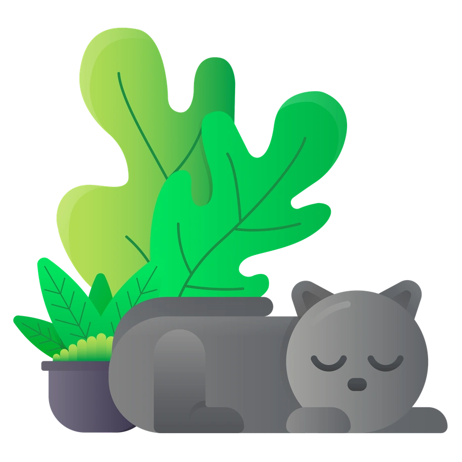 A sleeping cat with plants in the background - Hugo style illustration