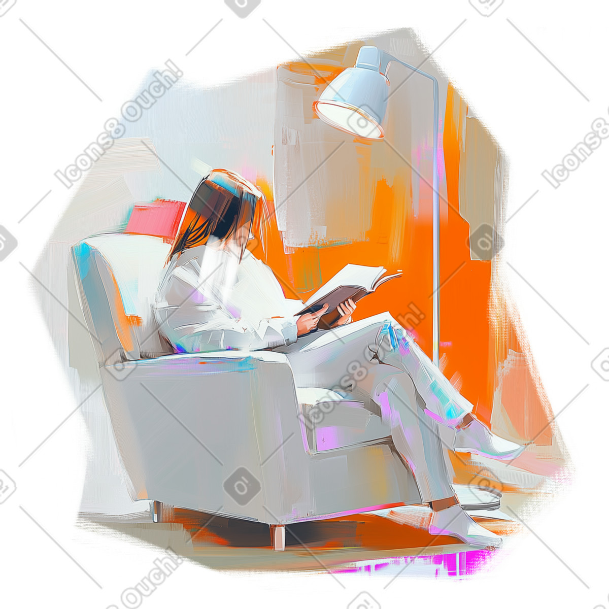 Oil painting of woman reading book in armchair illustration Pictorial style download PNG, SVG