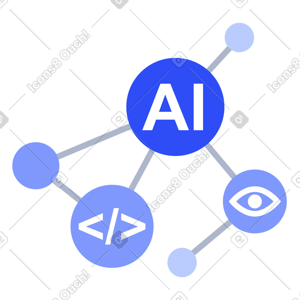 AI neural network with code and eye icons, web development computer vision integration illustration in System style download in PNG, SVG