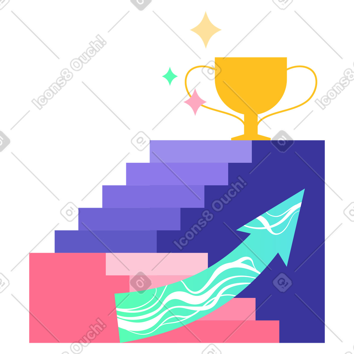 Stairs and trophy illustration depicting business goal achievement clipart in PNG and GIF