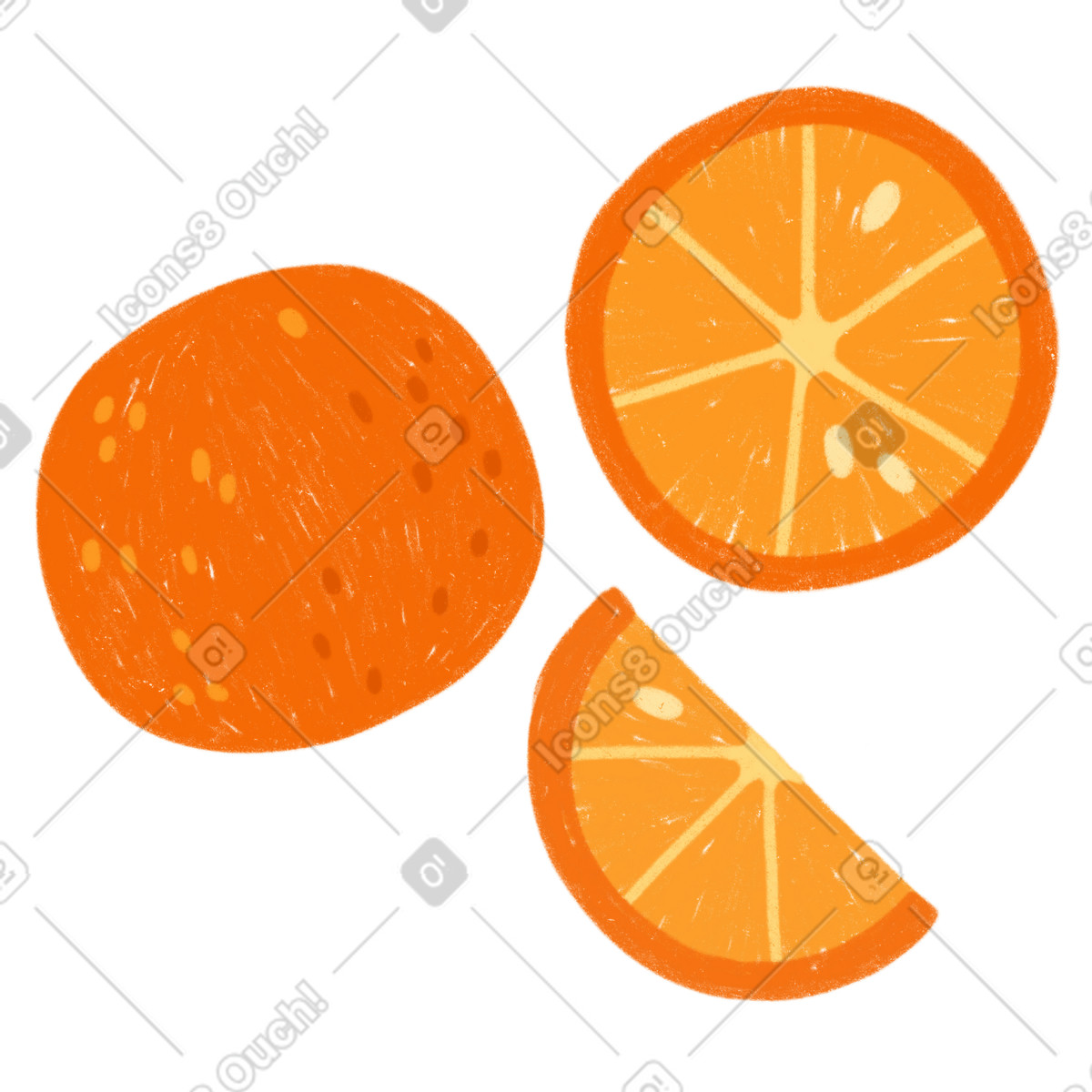 Ilustración Naranja, media naranja y rodaja de naranja. en estilo Cozy a descargar en PNG SVG
