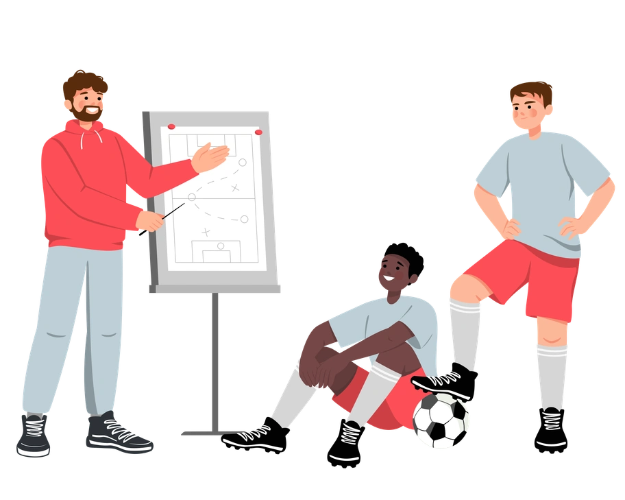 A soccer coach explaining tactics to players - Lagom style illustration