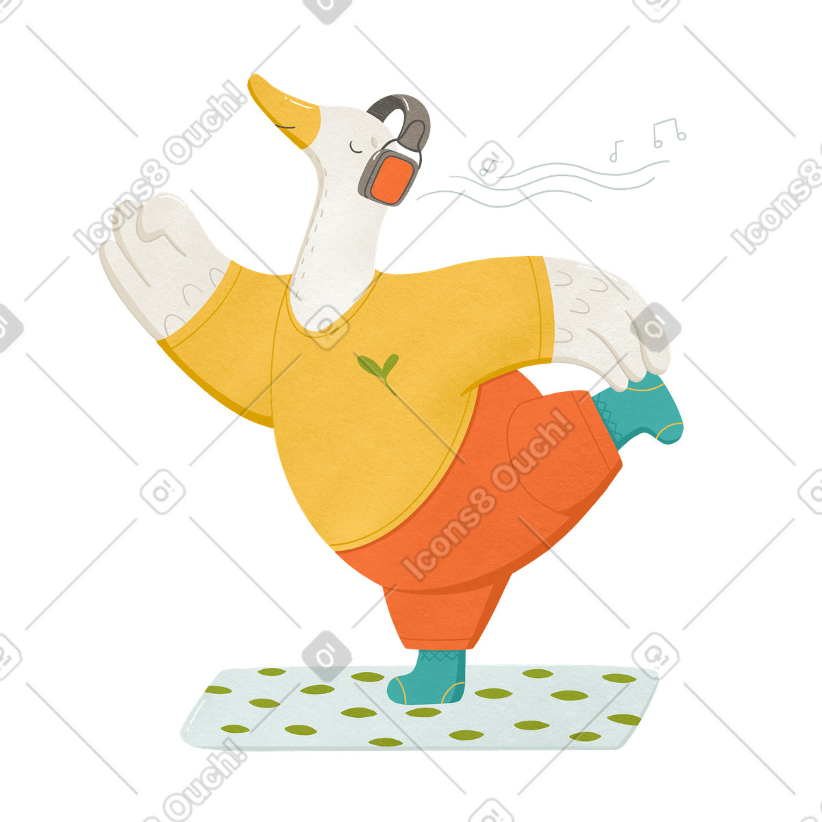 Goose スタイルの 片足で立って目を閉じて体操をしながら音楽を聴くガチョウ のイラストをPNG、SVG形式でダウンロード