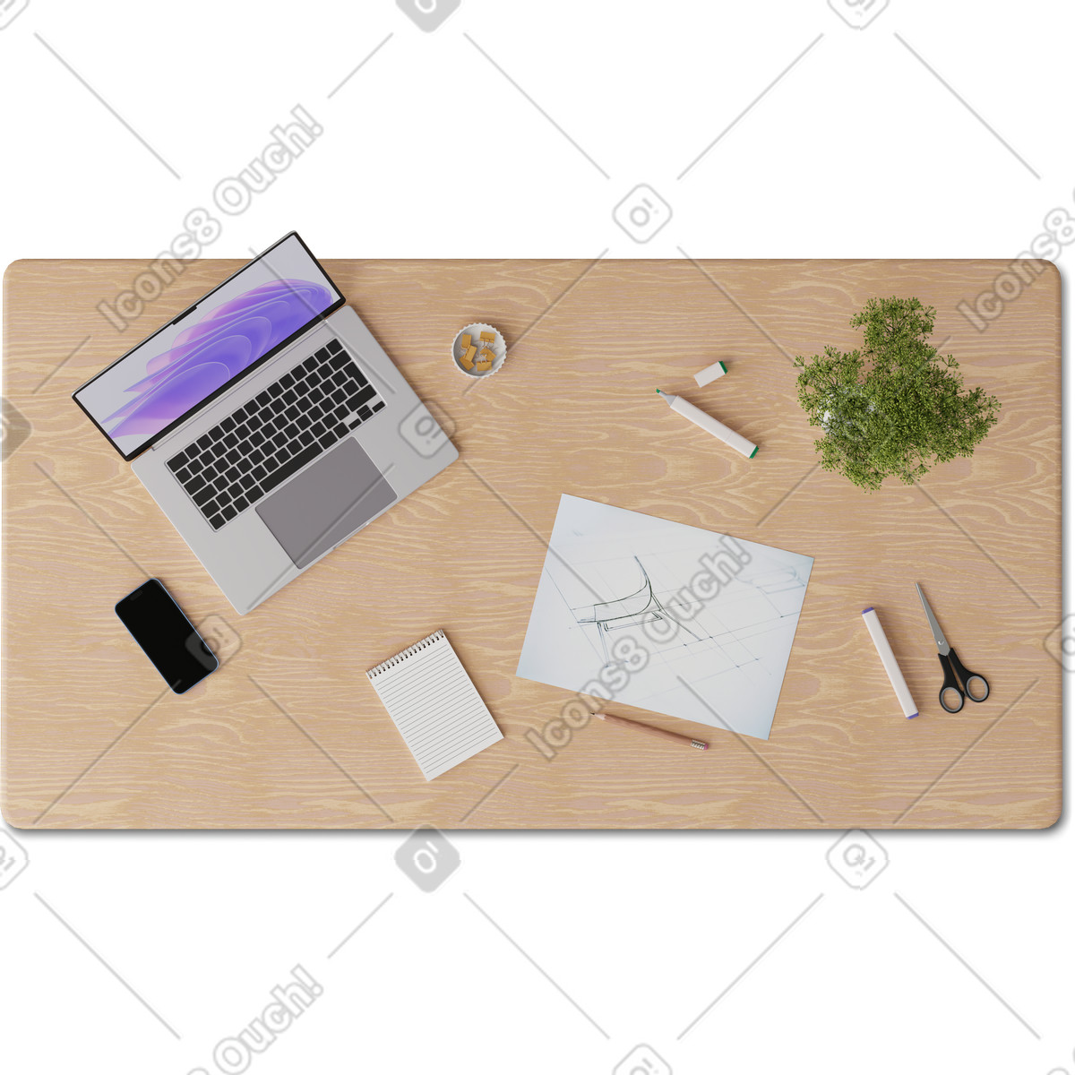 Vista dall'alto della scrivania con laptop, blocco note e schizzo illustrazione in stile 3D Hygge scarica in PNG, SVG