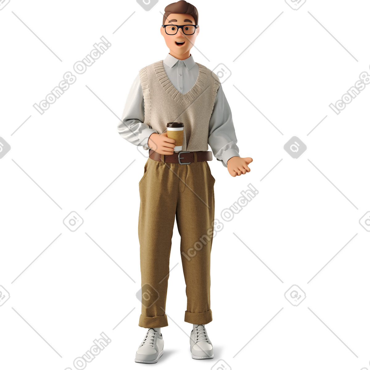 Young man with coffee standing and speaking illustration in 3D Business style download in PNG, SVG