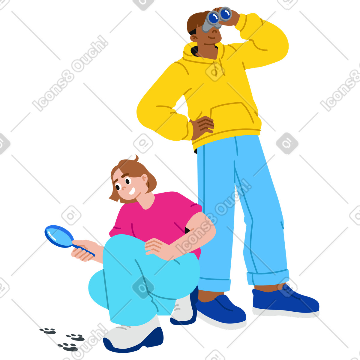 Ilustração de Mulher jovem e homem procurando em no estilo Active para baixar em PNG, SVG