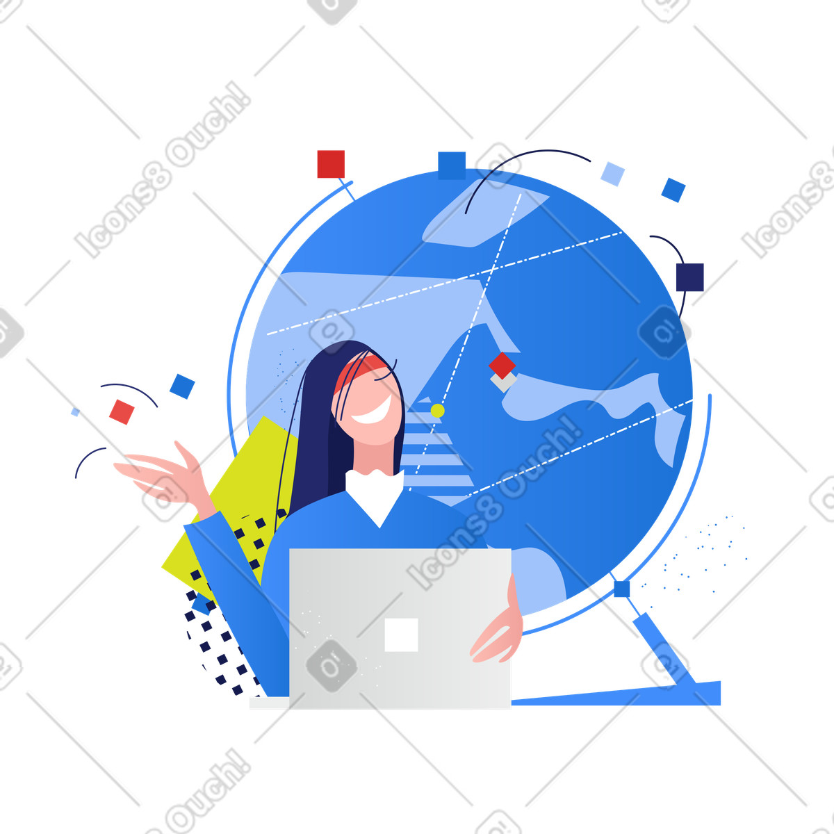 Woman next to globe engaged in e-learning illustration in Clip style download in PNG, SVG