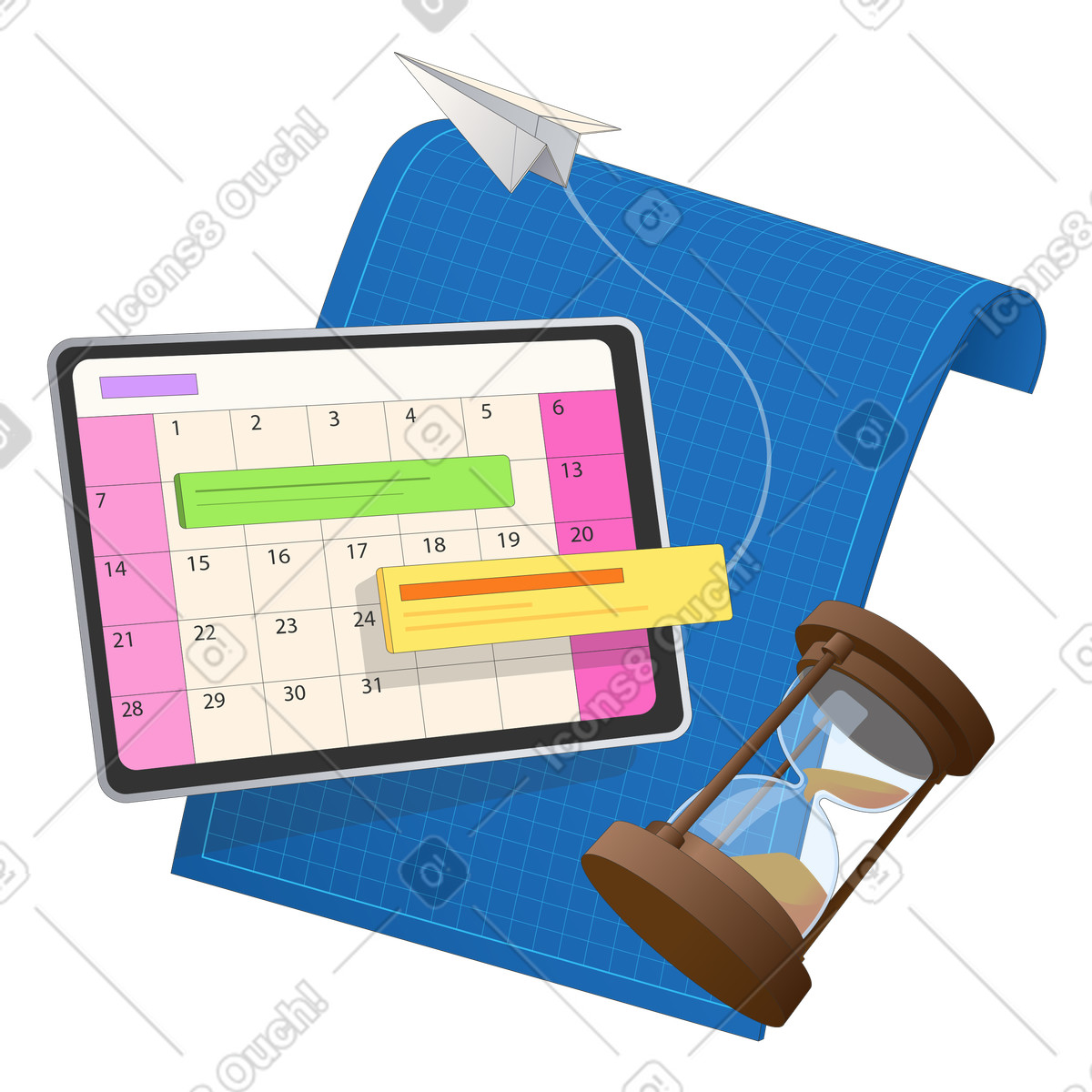 Ilustración Digital calendar with hourglass and blueprint, Time management business planning en estilo Kit a descargar en PNG y SVG
