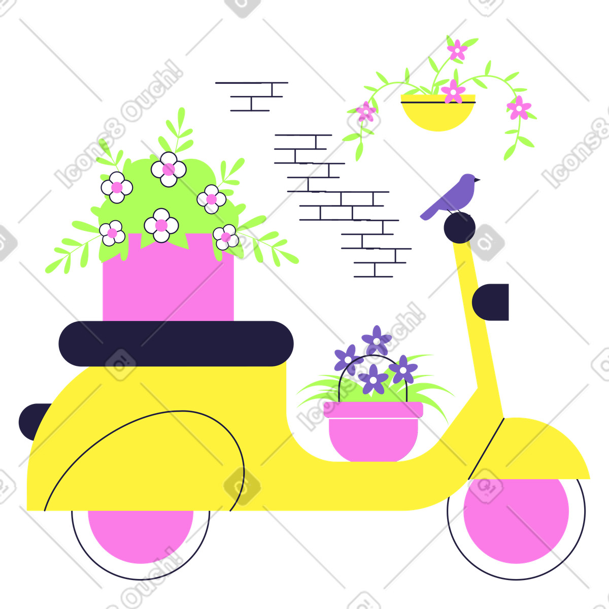 下载 Mellow 风格的 旧摩托车和墙壁上的室外花园 插画，支持 PNG、SVG 格式