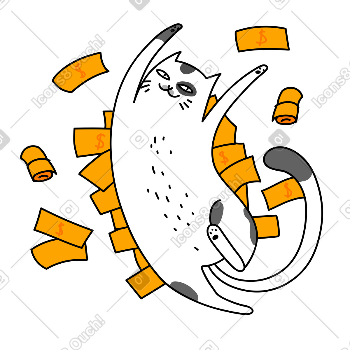 下载 Purr 风格的 Happy cat surrounded by dollar bills, Financial success celebration 插画，支持 PNG、SVG 格式