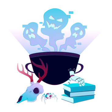 A cauldron with ghostly figures and spooky elements - Neon style illustration