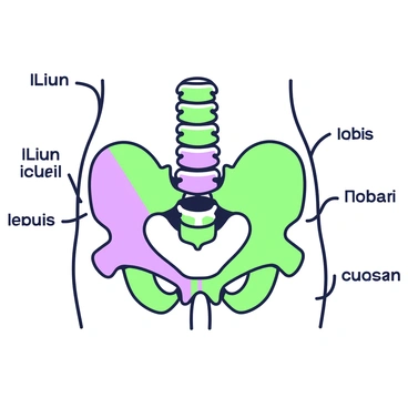 A detailed view of the human pelvic structure is displayed in the center. The pelvic bones are clearly defined, showcasing their alignment and connections. The ilium, ischium, and pubis are visible, highlighting their distinct shapes and positions. The sacrum is positioned at the back, connected to the lumbar spine. Each bone is rendered with precise contours, emphasizing the natural curvature and angles. Surrounding the pelvic structure are labels indicating key anatomical features, ensuring clarity of the bone alignment.