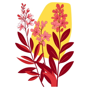 A red poster showcases a stylized grevillea design. The grevillea features intricate, flowing lines with elongated leaves in the foreground, merging seamlessly into the background. The flowers are rendered with delicate details, displaying clusters of blooms that exhibit graceful curves. The overall composition harmonizes with the rhythmic patterns characteristic of Art Nouveau aesthetics. The background is a complementary shade of yellow, enhancing the visual impact of the grevillea design.