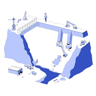 Engineers and construction workers are collaboratively building a massive dam across a wide canyon. The dam is under construction, showcasing large concrete blocks being positioned. Workers are wearing safety helmets and high-visibility vests, actively using machinery like cranes and excavators. Scaffolding surrounds the structure, and construction tools are scattered around the site. The canyon features steep rocky walls and a river flowing below, reflecting an industrial environment. A clear sky is above, providing an unobstructed view of the ongoing construction efforts.