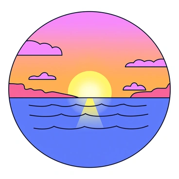 A vast ocean stretching to the horizon is illuminated by a sunset. The sky is filled with vibrant orange and pink hues that blend seamlessly together. Gentle waves ripple across the surface of the water, reflecting the colors of the sky. Fluffy clouds are scattered across the sky, catching the warm light of the setting sun.