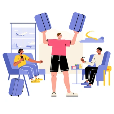 A person with short brown hair is performing shoulder presses with two large travel bags raised above their head. The individual is wearing a bright red t-shirt and black athletic shorts. Around them, various airport lounge elements are visible, such as comfortable seating, a window showing an airplane on the runway, and a coffee table with travel magazines. Other travelers can be seen in the background, some looking surprised at the workout. The setting is well-lit, adding to the lively atmosphere of the airport lounge.