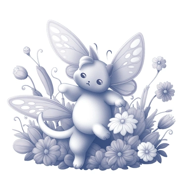 A ragdoll cat with plush, fluffy fur is gracefully positioned in a garden. The cat has large, delicate butterfly wings that are intricately detailed, with patterns that showcase its unique design. Surrounding the cat are various enchanting flowers, including large blooms with intricate petals, delicate tendrils, and lush green foliage. The garden is abundant with vibrant foliage, creating a lively environment. The cat appears to be in motion, as if gently dancing amidst the flowers, with its wings slightly spread, capturing a sense of whimsy and playfulness.