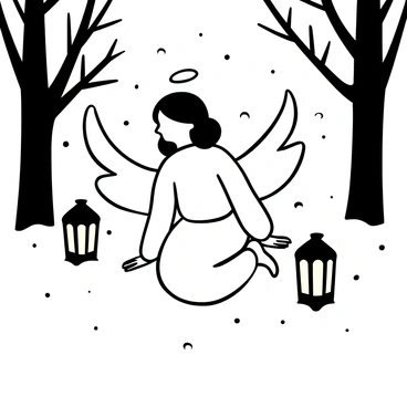 An angel kneeling in the snow, with wings spread gently around. Softly glowing lanterns are placed around the angel, illuminating the scene with warm light. Snowflakes are falling steadily from the sky, creating a delicate blanket over the ground. The overall composition conveys a peaceful, tranquil atmosphere.