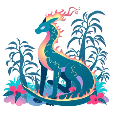 A mystical jungle creature with a sleek, elongated body adorned in vibrant flames that flicker and dance along its sides. Its skin has a deep emerald green hue, contrasting sharply with the bright oranges and reds of the fire. The creature has glowing eyes that shimmer like molten gold, and intricate patterns resembling vines and leaves etched into its scales. Surrounding its head are fiery tendrils that resemble a mane, flowing gracefully in the air. The creature is positioned among lush jungle foliage, with vibrant flowers and towering trees filling the background, enhancing the atmosphere of the mystical jungle.