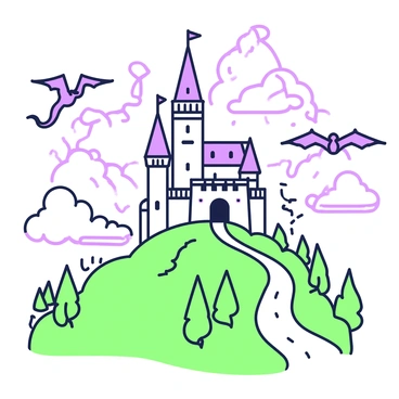 A majestic castle is perched on a hill, featuring tall towers and intricate architectural details, illustrated in a green-and-purple outline. Surrounding the castle, there are two dragons soaring through the sky, their wings spread wide as they glide gracefully. The hill is dotted with trees, and in the foreground, a winding path leads up to the castle entrance. The scene is filled with fantastical elements, including clouds that swirl around the castle in an elaborate display, adding to the enchanting atmosphere of the image.