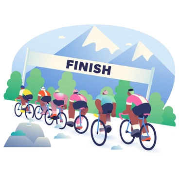 A group of cyclists with varying skin tones and colorful jerseys is racing towards a finish line at a breathtaking mountain peak. The cyclists are positioned at different angles, some leaning forward in their seats, while others are standing on their pedals. The finish line is marked by a large white banner with "Finish" written in bold black letters. In the background, towering snow-capped mountains rise against a clear blue sky, and patches of green trees dot the rocky terrain. The cyclists' wheels are in motion, kicking up small clouds of dust from the ground as they approach the end of the race.