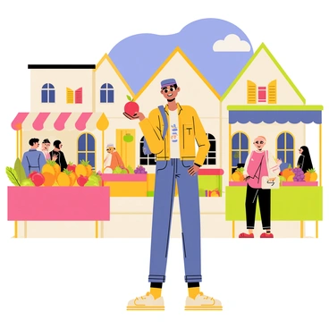 A traveler with a backpack standing at a vibrant local market in a charming village. The traveler is holding a juicy red plum in one hand, with an expression of delight. Colorful fruit stalls filled with various fruits like oranges, apples, and grapes surround the traveler. The market is bustling with villagers, some browsing and others chatting. Quaint village houses with colorful shutters are visible in the background, and a bright blue sky can be seen overhead.