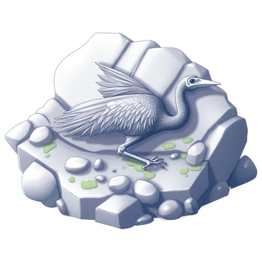 An intricate fossil of a prehistoric bird is embedded in a rocky terrain. The fossil showcases the detailed skeletal structure, including the wings and beak, exhibiting fine lines and textures. Surrounding the fossil, the rocky terrain is rugged, featuring various sizes of rocks and pebbles. The surface of the rocks displays a variety of grooves and cracks, suggesting erosion over time. There are small patches of moss growing in the crevices, adding a touch of natural detail to the scene.