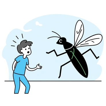 A person, wearing a blue T-shirt and jeans, is standing in an open field. Their eyes are wide open, and their mouth is agape in shock. They are leaning back, recoiling in horror, as they face a giant insect. The insect is towering over them, with large, detailed wings spreading out and long antennae extending forward. The creature has a glossy, dark green body and multiple legs. The background features a clear blue sky and a few scattered clouds.