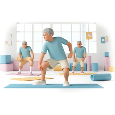 An elderly person, wearing a light blue t-shirt and beige shorts, is performing lunges in a bright community center. The person has short gray hair and is focused on maintaining balance. Surrounding them are colorful exercise mats and equipment, with a few other seniors in the background participating in various activities. The community center features large windows that allow natural light to flood the space, and there are motivational posters on the walls promoting fitness and health.