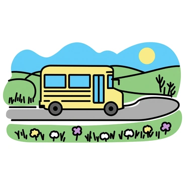 A yellow school bus is driving along a winding road in the countryside. The bus is surrounded by lush green fields filled with various wildflowers in shades of purple, yellow, and white. In the background, rolling hills rise against a clear blue sky. The sun casts warm light over the scene, highlighting the vibrant colors of the flowers and the bus. The road is bordered by tall grass, and a few trees can be seen in the distance, completing the idyllic rural setting.