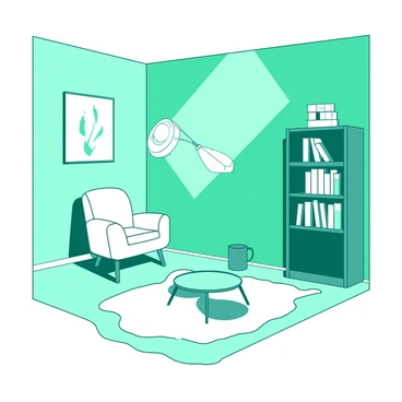 A teal room has various pieces of furniture floating randomly in the air. A white armchair is suspended several feet above a white rug, while a teal coffee table hovers near the center of the room. A white lamp is floating beside the armchair, its light casting a gentle glow in the space. A teal bookshelf is positioned near the ceiling, with several books appearing to hang in mid-air. The walls are adorned with white artwork, and a soft white light fills the room, creating a whimsical atmosphere.