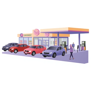 A digital flat illustration of a busy petrol station franchise. Several cars are lined up at the pumps, with a red sedan on the left side and a blue SUV on the right, both actively refueling. Each car has visible fuel nozzles connected to their tanks. In the background, there is a small convenience store with large glass windows displaying snacks and drinks. The store is painted in bright colors, with a prominent sign that reads "Convenience" above the entrance. A few customers can be seen walking in and out of the store, and there are brightly colored advertisements on the petrol station's roof. The sky is clear with minimal clouds, suggesting a sunny day.