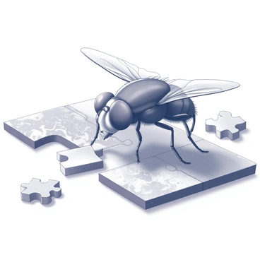A fly perched on a table, examining a jigsaw puzzle with numerous tiny pieces scattered around. The fly has large, multifaceted eyes, reflecting the light as it focuses intently on one of the puzzle pieces. Some puzzle pieces are flipped over, showing the blank backs, while others display intricate images. The setting is a simple indoor space, emphasizing the fly's small size in relation to the puzzle pieces. The fly's legs are poised as if it is preparing to manipulate a piece, showcasing its determination to complete the puzzle.