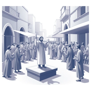 A preacher stands on a wooden platform in the center of a crowded street in an ancient city. The preacher is dressed in simple robes, with his arms raised, passionately delivering a message to the gathered crowd. The crowd consists of men, women, and children, some holding hands or listening intently, while others are engaged in conversation. The street is lined with stone buildings, featuring arched doorways and balconies. Various market stalls are visible in the background, displaying goods such as pottery and textiles. The atmosphere is vibrant, with people from different walks of life coming together in this public space.