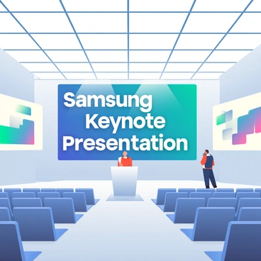 A large tech conference hall is filled with rows of empty seats facing a stage. At the front of the hall, there is a large digital banner displaying the words "Samsung Keynote Presentation" in bold white letters against a vibrant blue background. On the stage, there is a modern podium with a microphone. To the sides of the stage, large screens are set up to showcase visuals related to the presentation. The hall is well-lit, highlighting the spacious environment with high ceilings and modern architectural features.